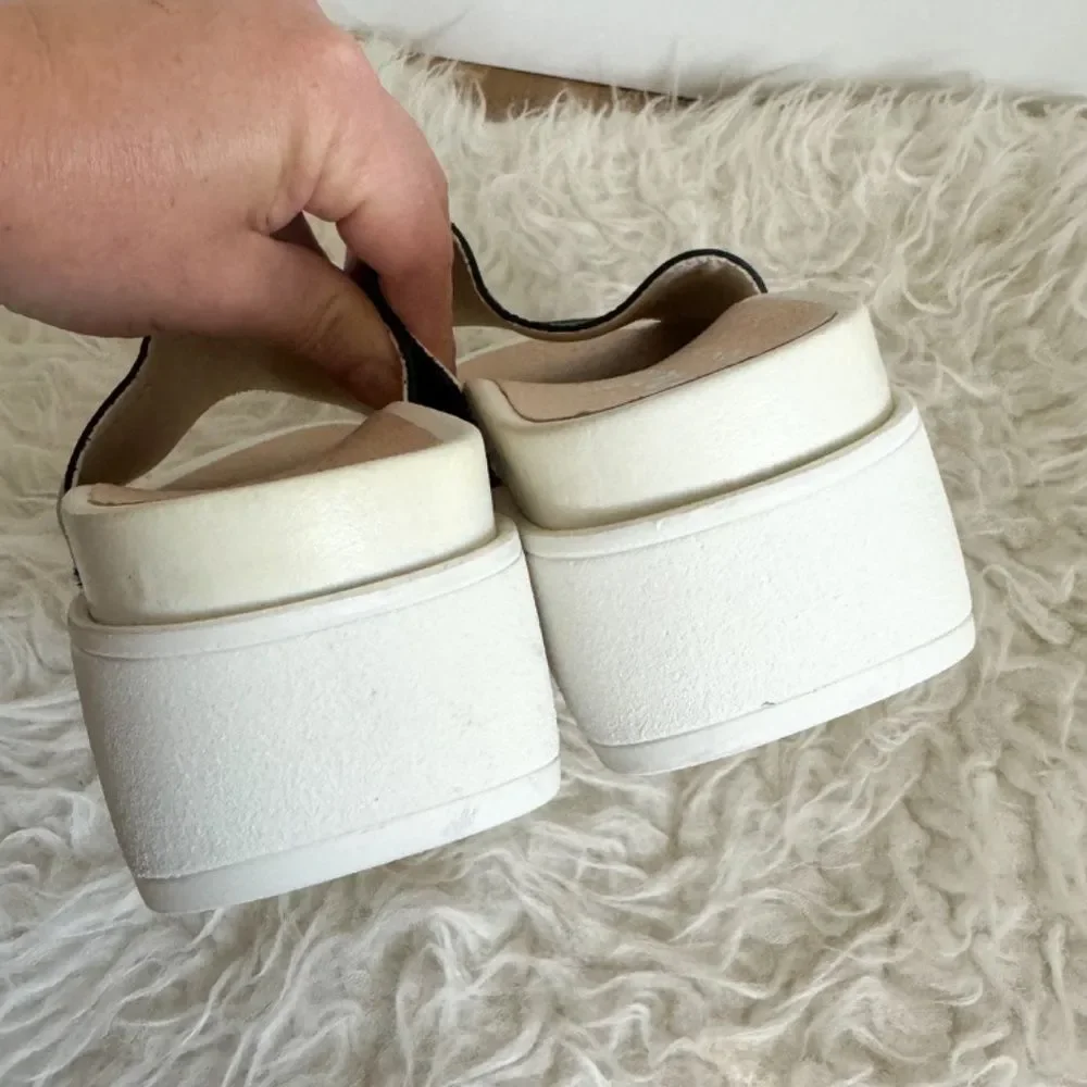 Shellys London Black Leather Platform Slide Sandal Y2K | Size 36